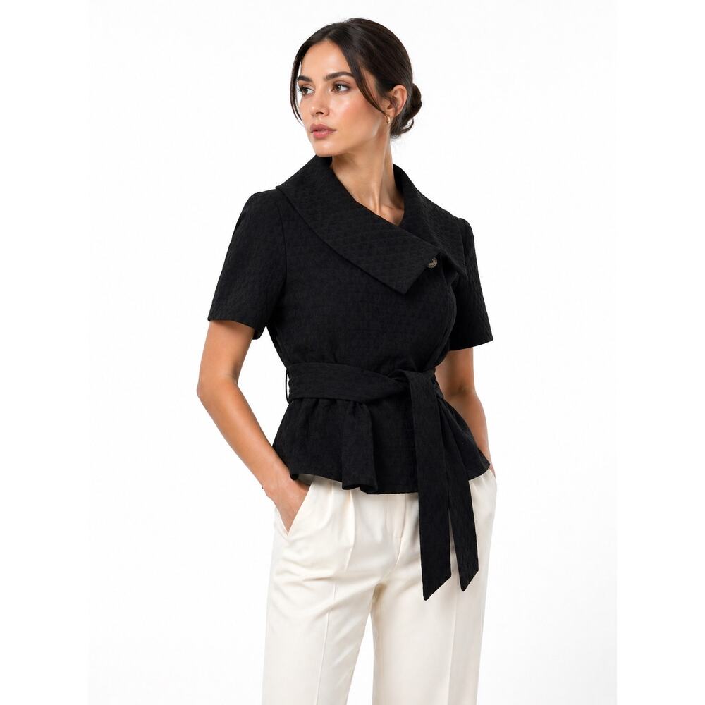 Black Jacquard Peplum Blouse Belted Tailored Work Top Classic Chic 6 Minimalist